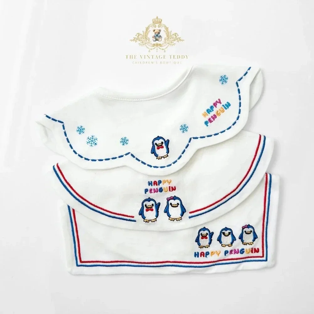 NWT Adorable Boutique Embroidered Baby Bibs Cute Happy Little Penguins Set of 3